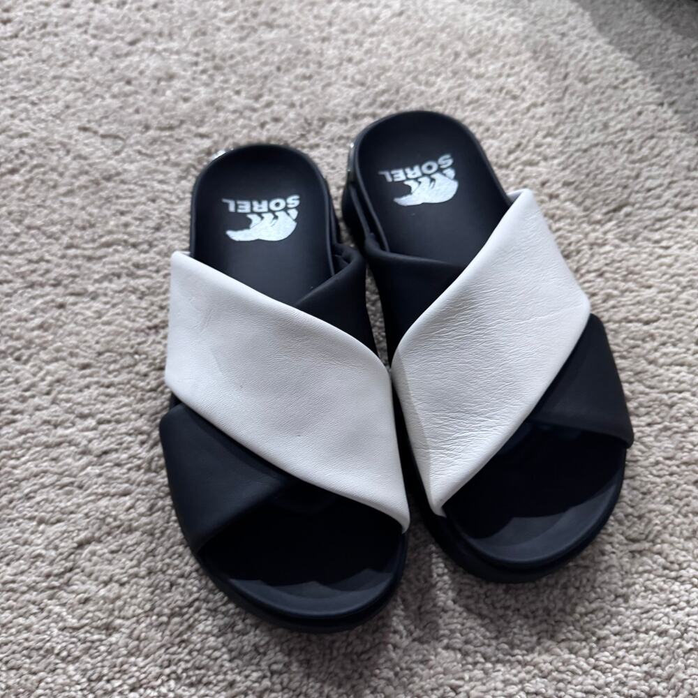 Sorel VIIBE Crisscross Slide Sandals Black Sea Salt White Women's Size 6 Easy On - Picture 2 of 10